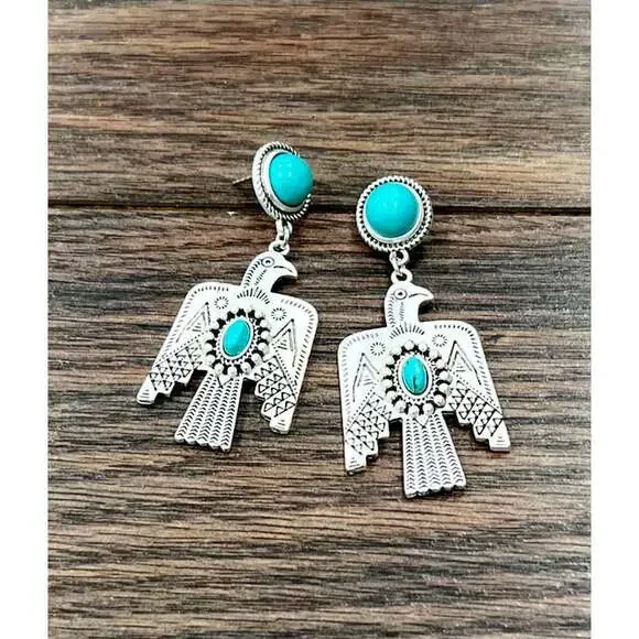 Thunderbird Turquoise 2.5 Inch Long Post Earrings in Antique Silver Finish - Picture 4 of 8